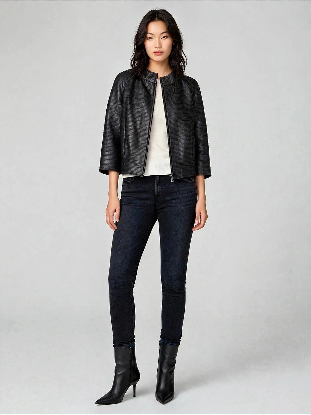ELLENTRACY Leather Zip Jacket in Black Size Medium